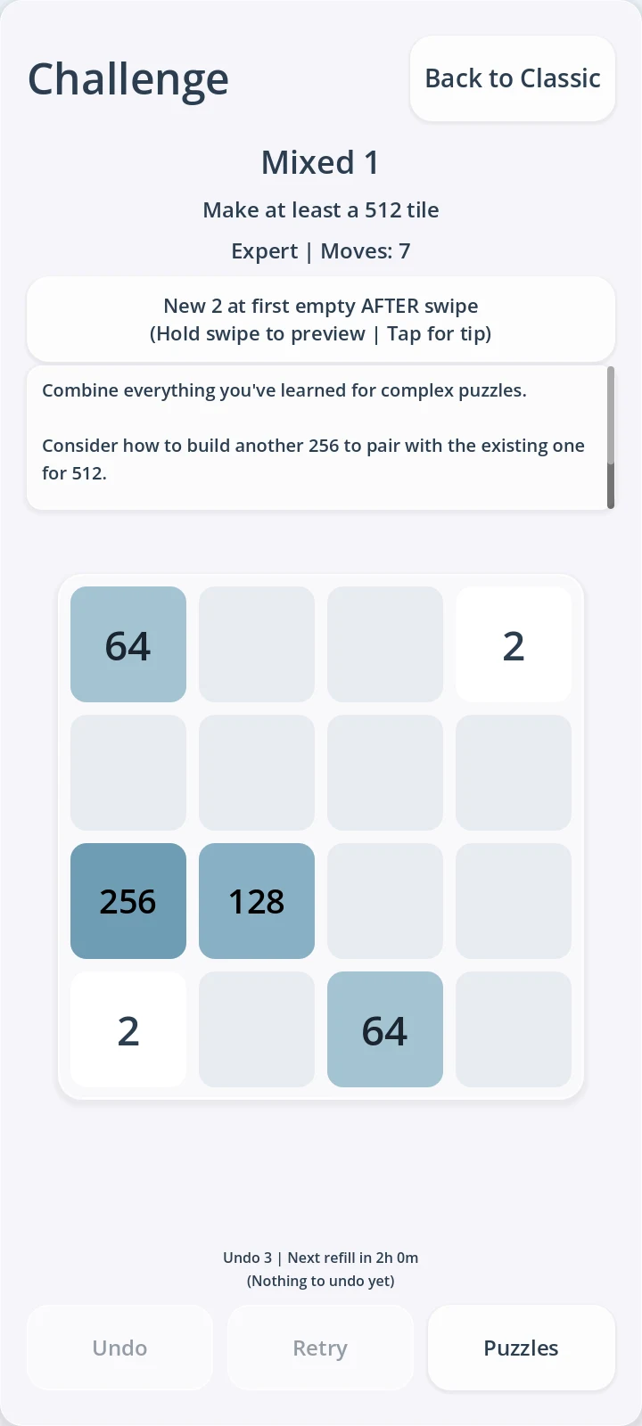 Expert Mixed challenge with a goal to create a 512 tile