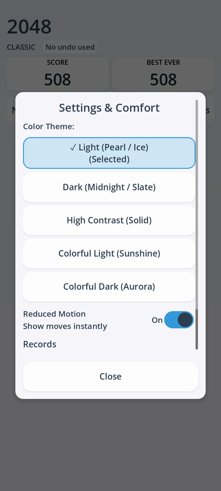 Settings with five themes and reduced motion enabled